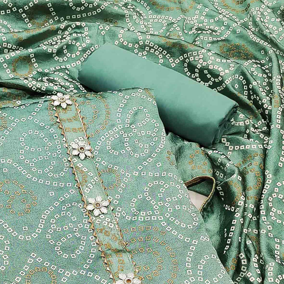 Sea Green Bandhani Printed Vichitra Silk Dress Material