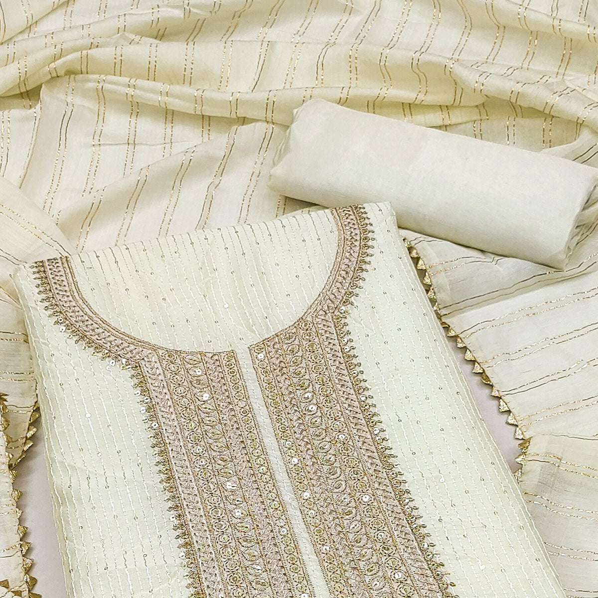 Off White Embroidered Chanderi Dress Material