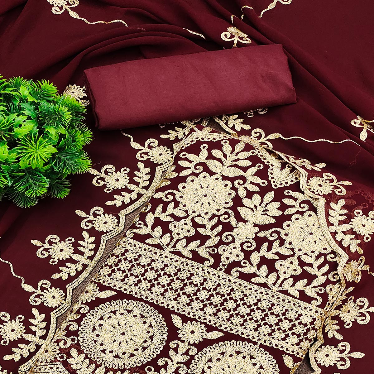 Maroon Floral Embroidered Georgette Dress Material
