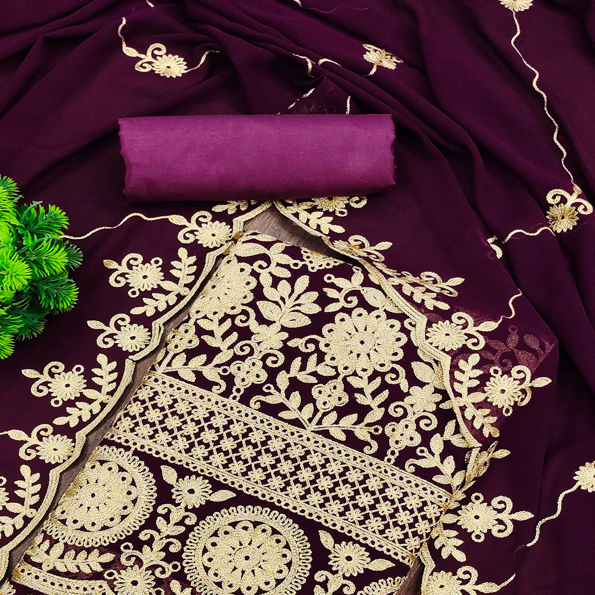 Wine Floral Embroidered Georgette Dress Material