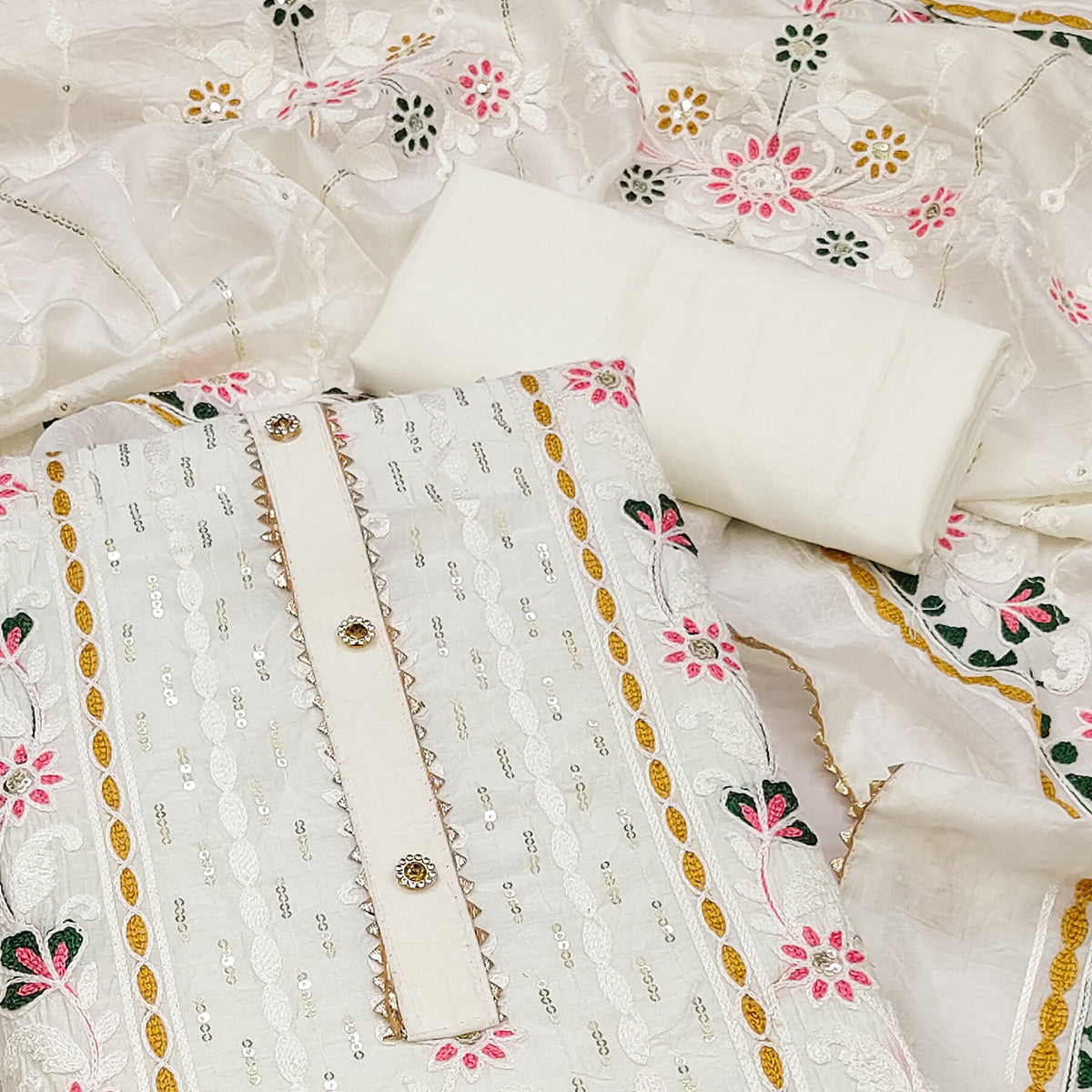 White Floral Embroidered Chanderi Dress Material