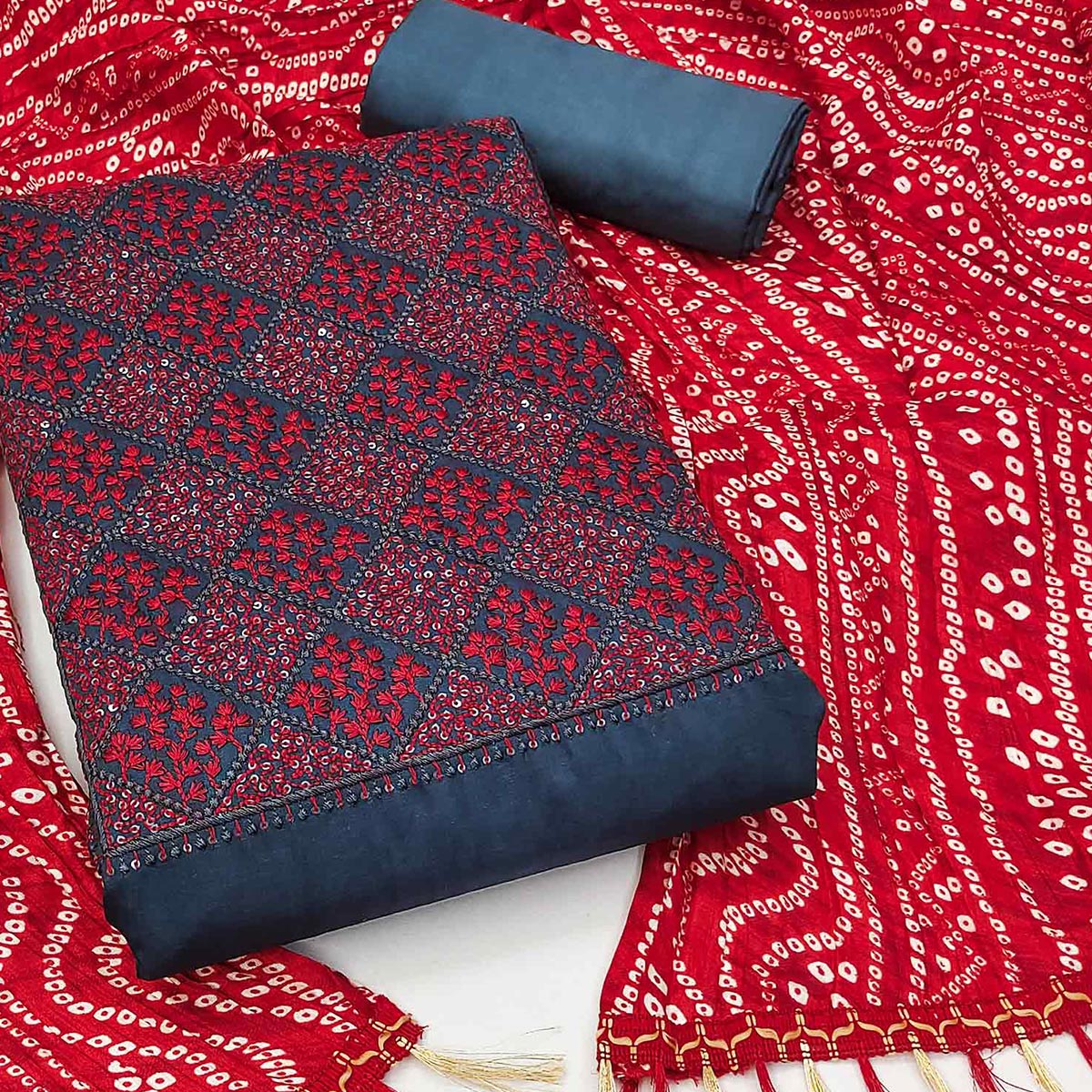 Grey Embroidered Chinon Dress Material