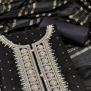 Black Butti With Embroidered Chanderi Silk Dress Material