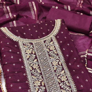 Purple Butti With Embroidered Chanderi Silk Dress Material