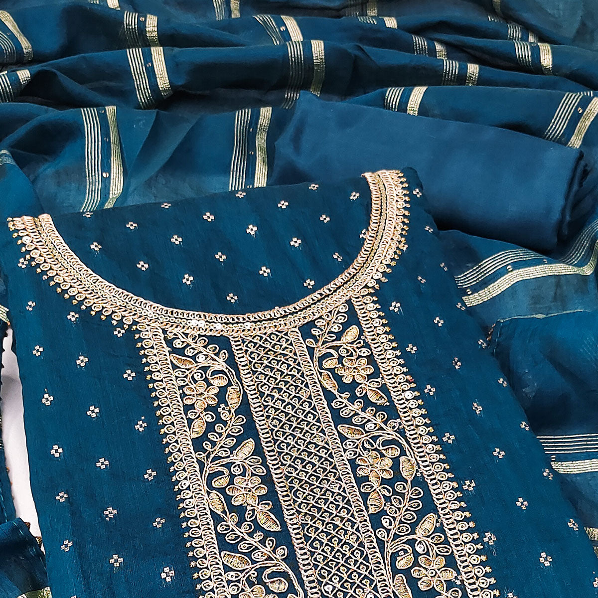 Teal Butti With Embroidered Chanderi Silk Dress Material