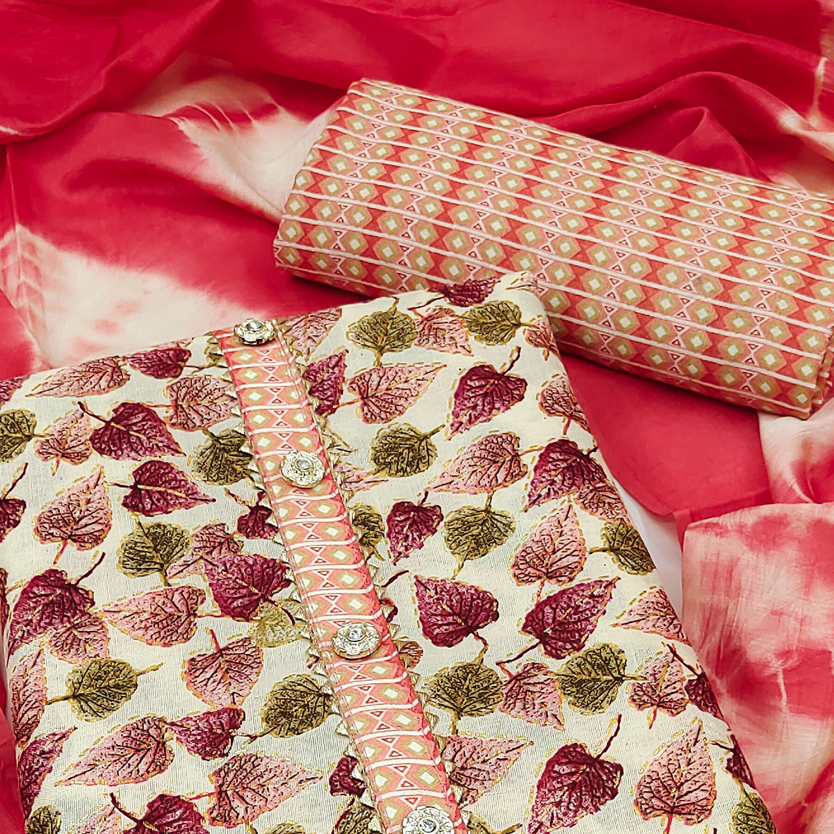 Red Foil Printed Cotton Blend Dress Material