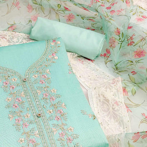 Turquoise Floral Embroidered Chanderi Silk Dress Material