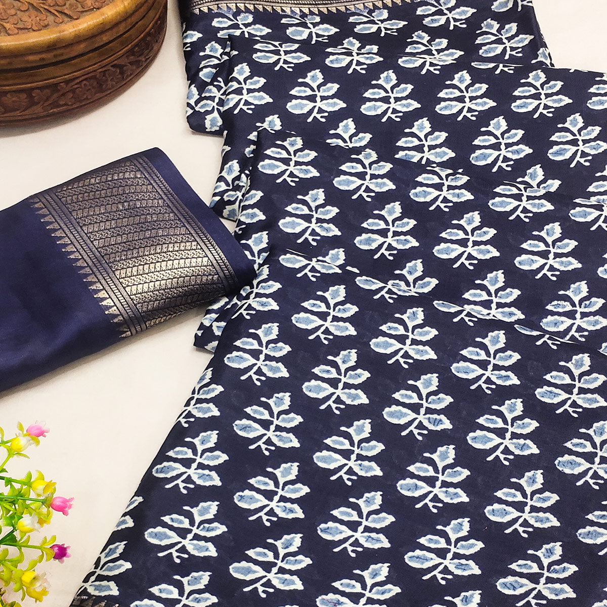 Blue Floral Printed Dola Silk Saree