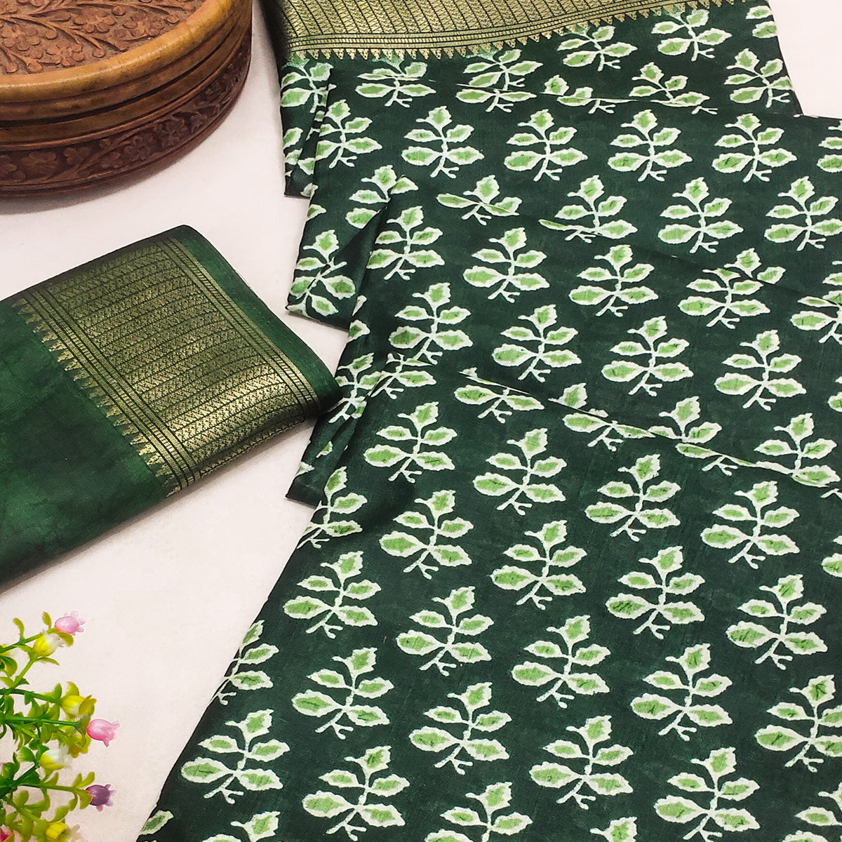 Green Floral Printed Dola Silk Saree
