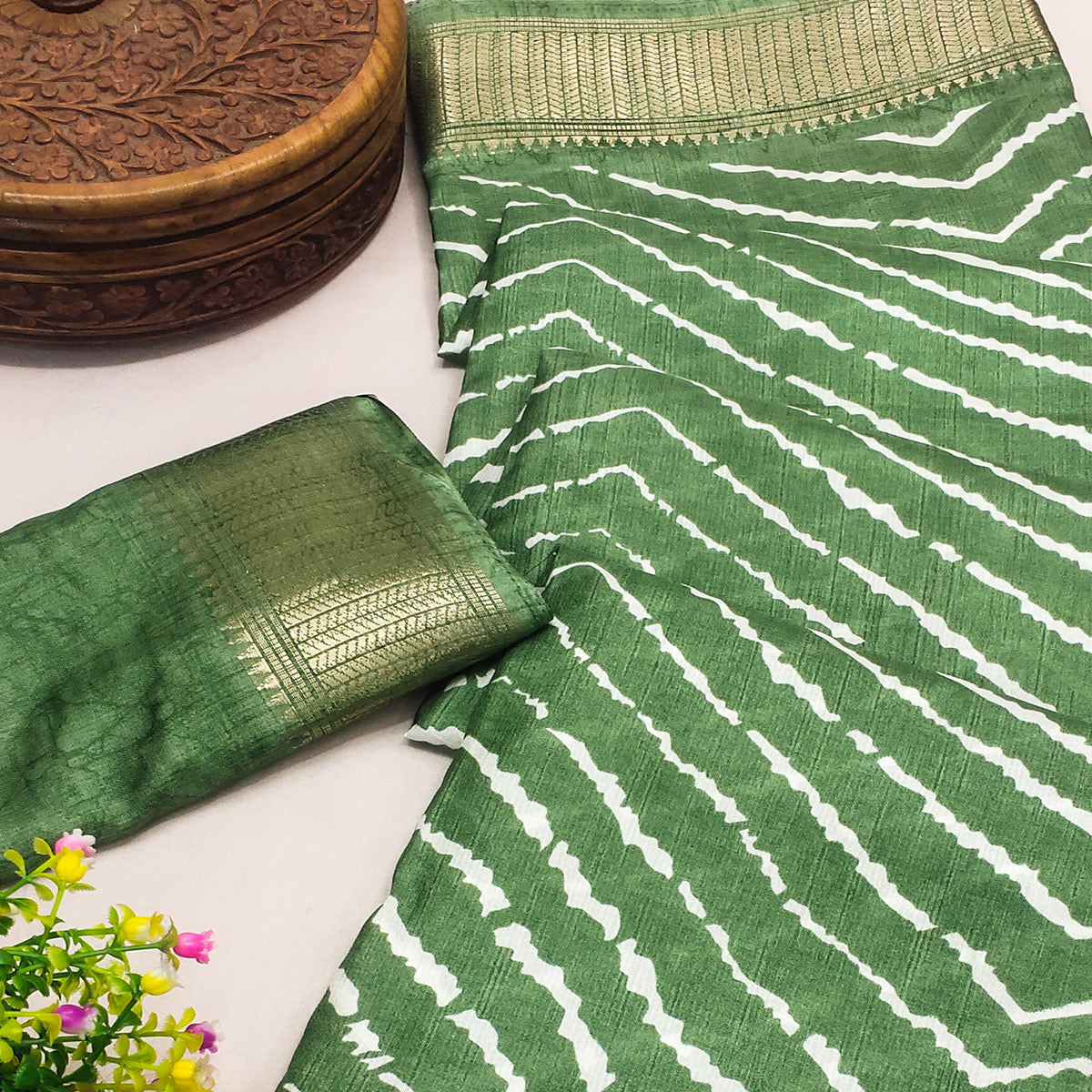 Dark Green Leheriya Printed Dola Silk Saree With Zari Border