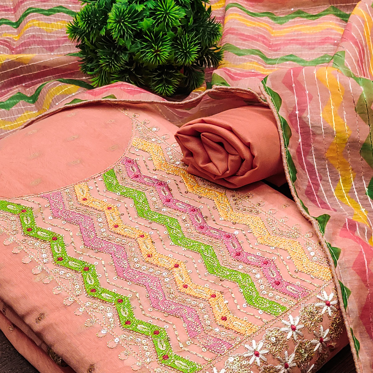 Peach Woven Chanderi Dress Material