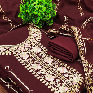 Dark Brown Embroidered Georgette Dress Material