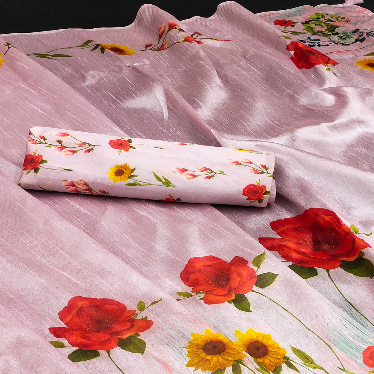 Pink Floral Digital Printed Assam Silk Saree With Tassels