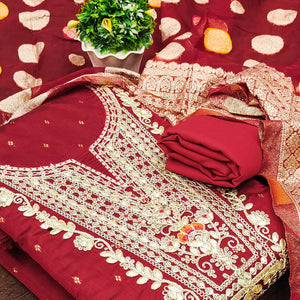 Maroon Butti With Embroidered Chanderi Dress Material