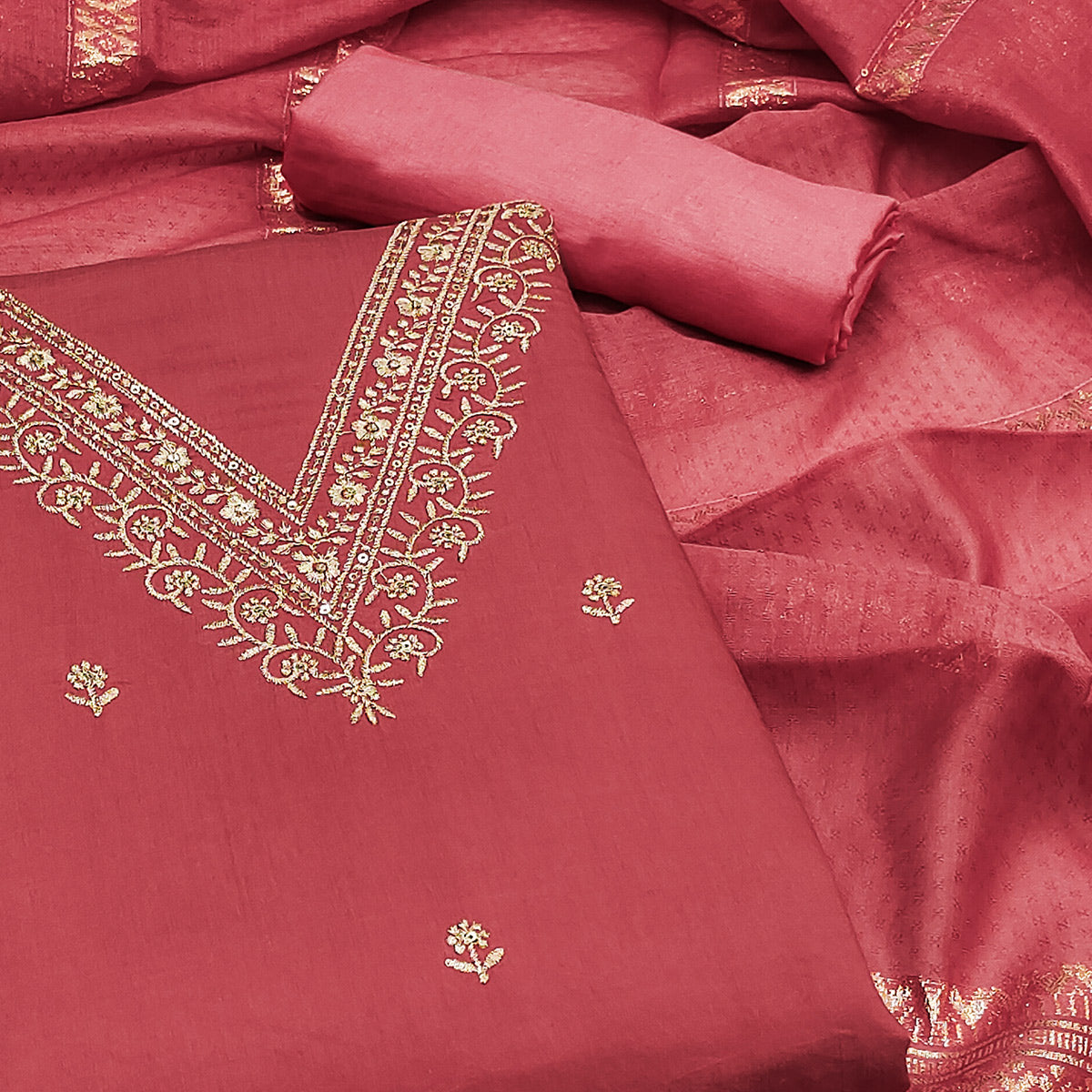 Pink Floral Embroidered Viscose Dress Material