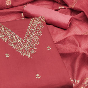 Pink Floral Embroidered Viscose Dress Material