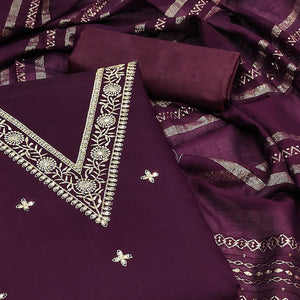 Purple Floral Embroidered Viscose Dress Material
