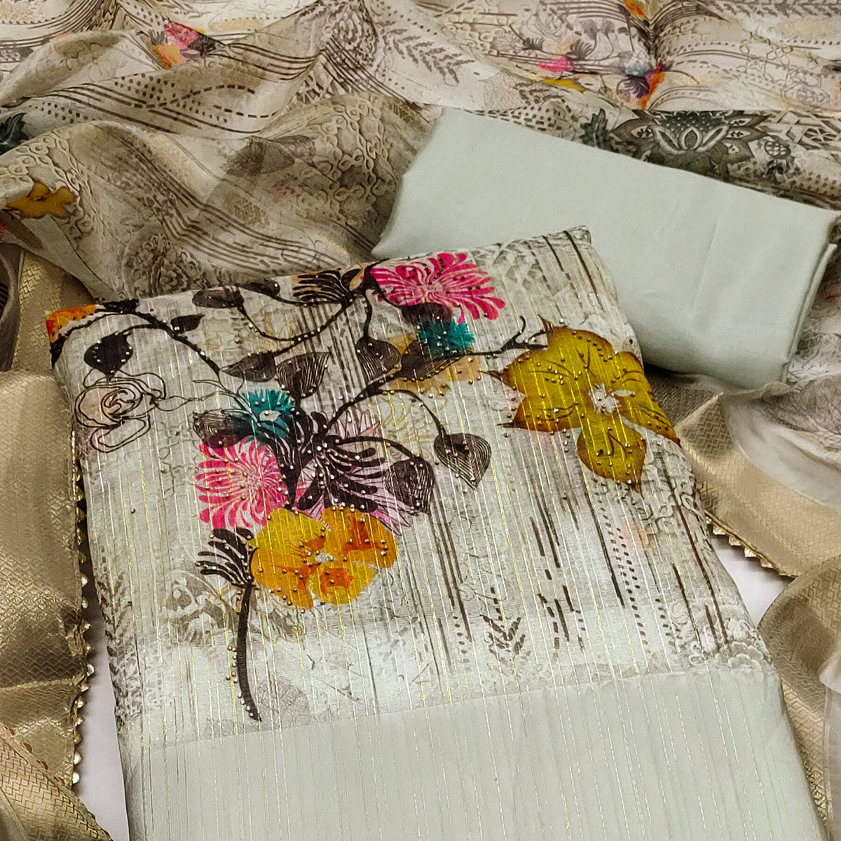 Grey Floral Printed With Swarovski Work Organza Dress Material