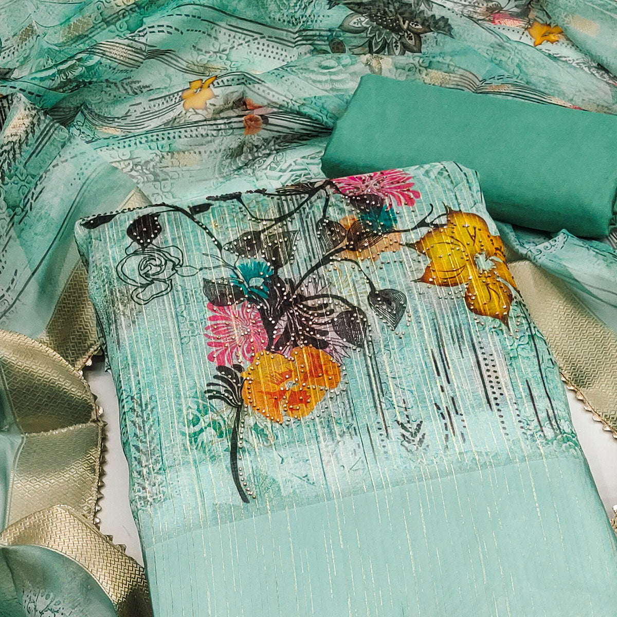Turquoise Floral Printed With Swarovski Work Organza Dress Material