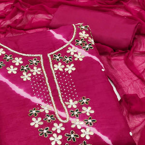 Pink Handwork Embroidery With Leheriya Printed Viscose Dress Material