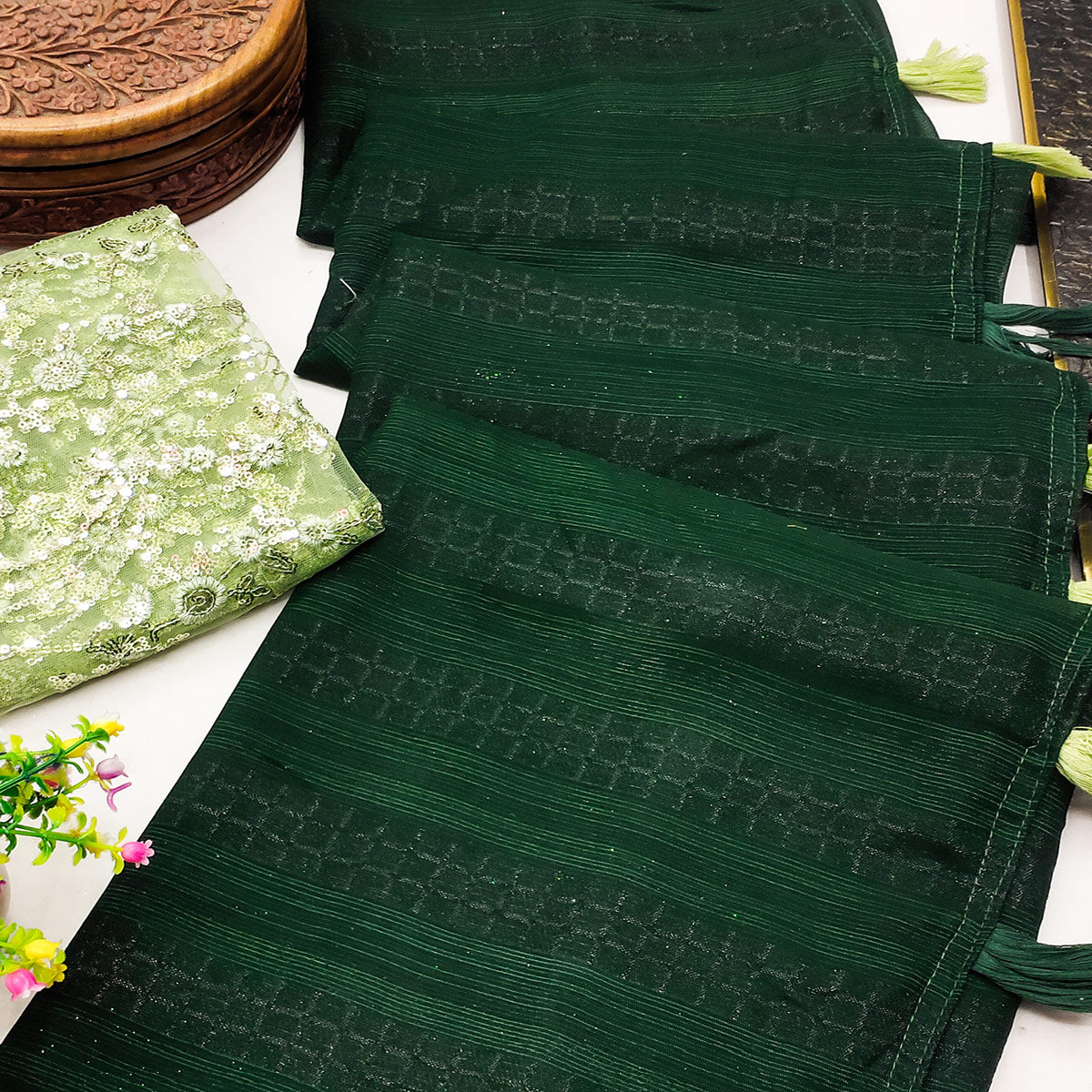Green Woven Art Silk Saree With Tassels