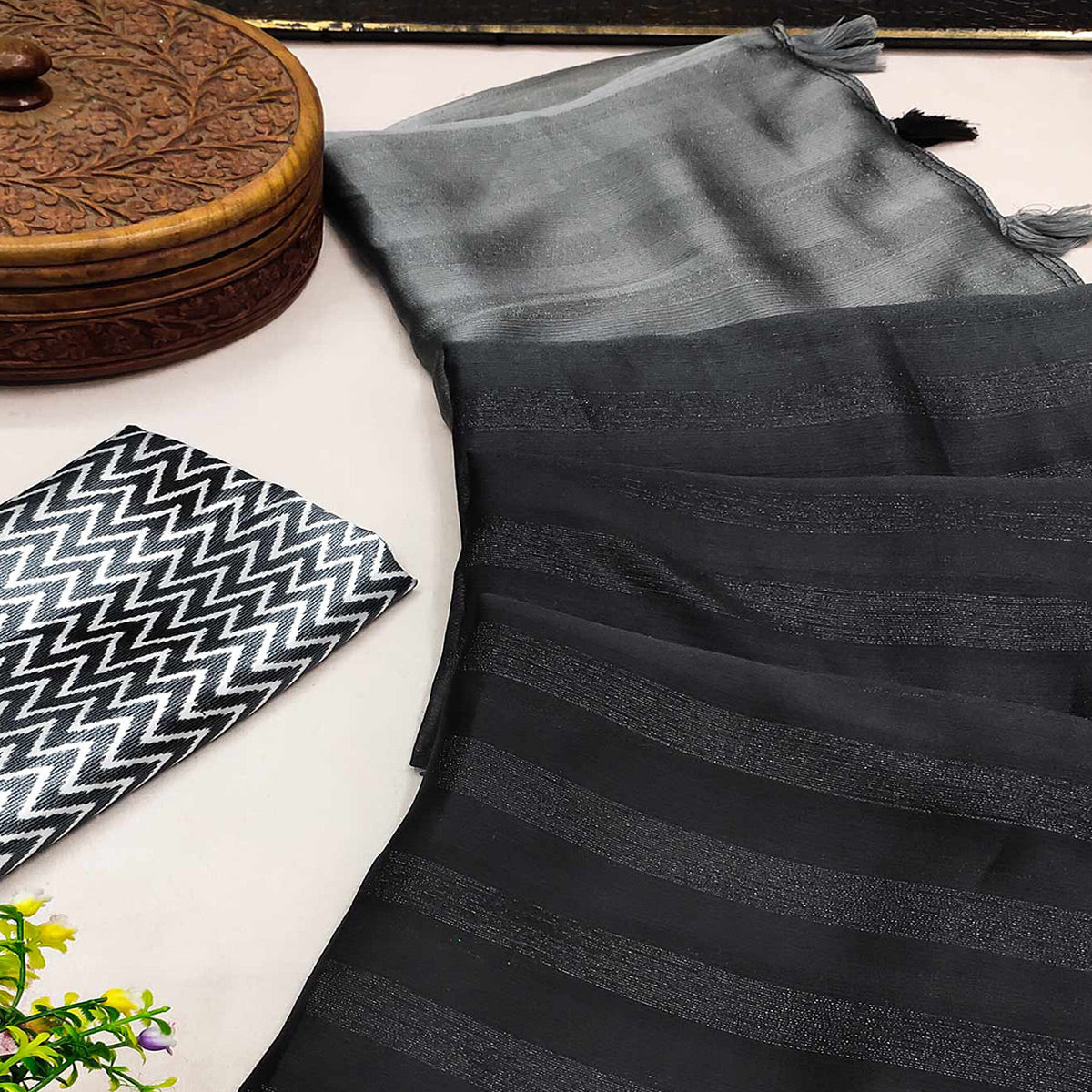Black Woven Art Silk Saree With Tassels