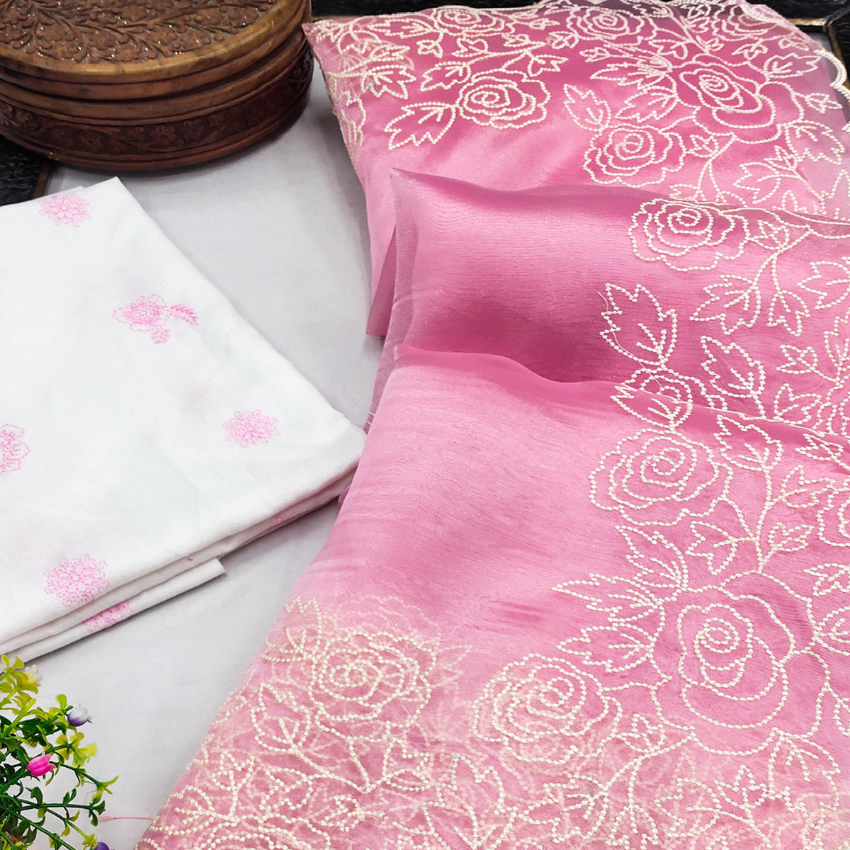 Pink Embroidered Organza Saree