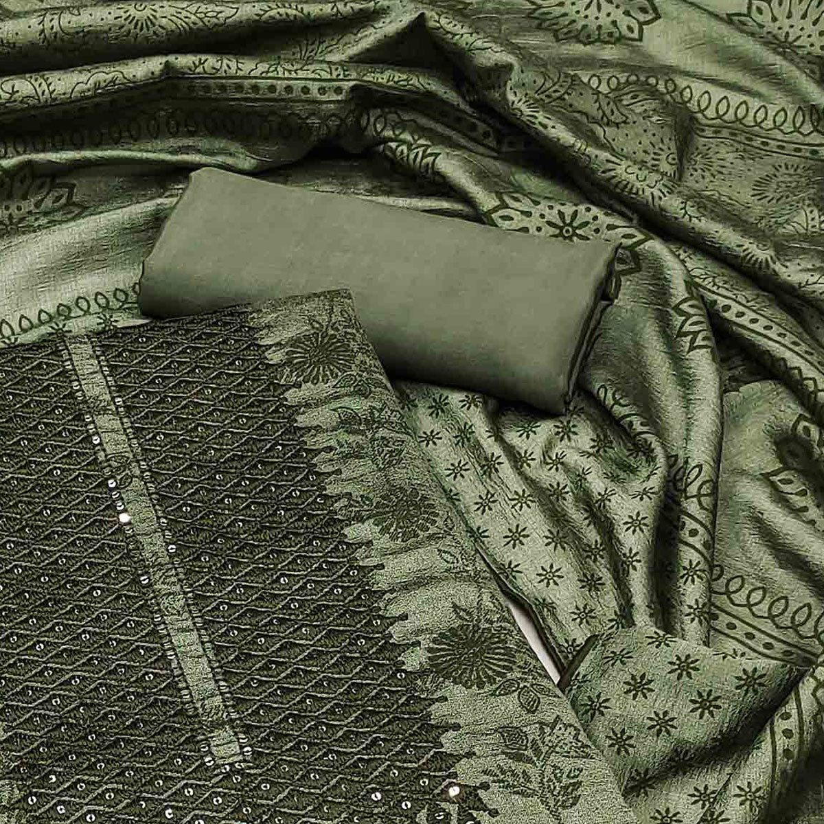 Green Sequins Embroidered Vichitra Silk Dress Material
