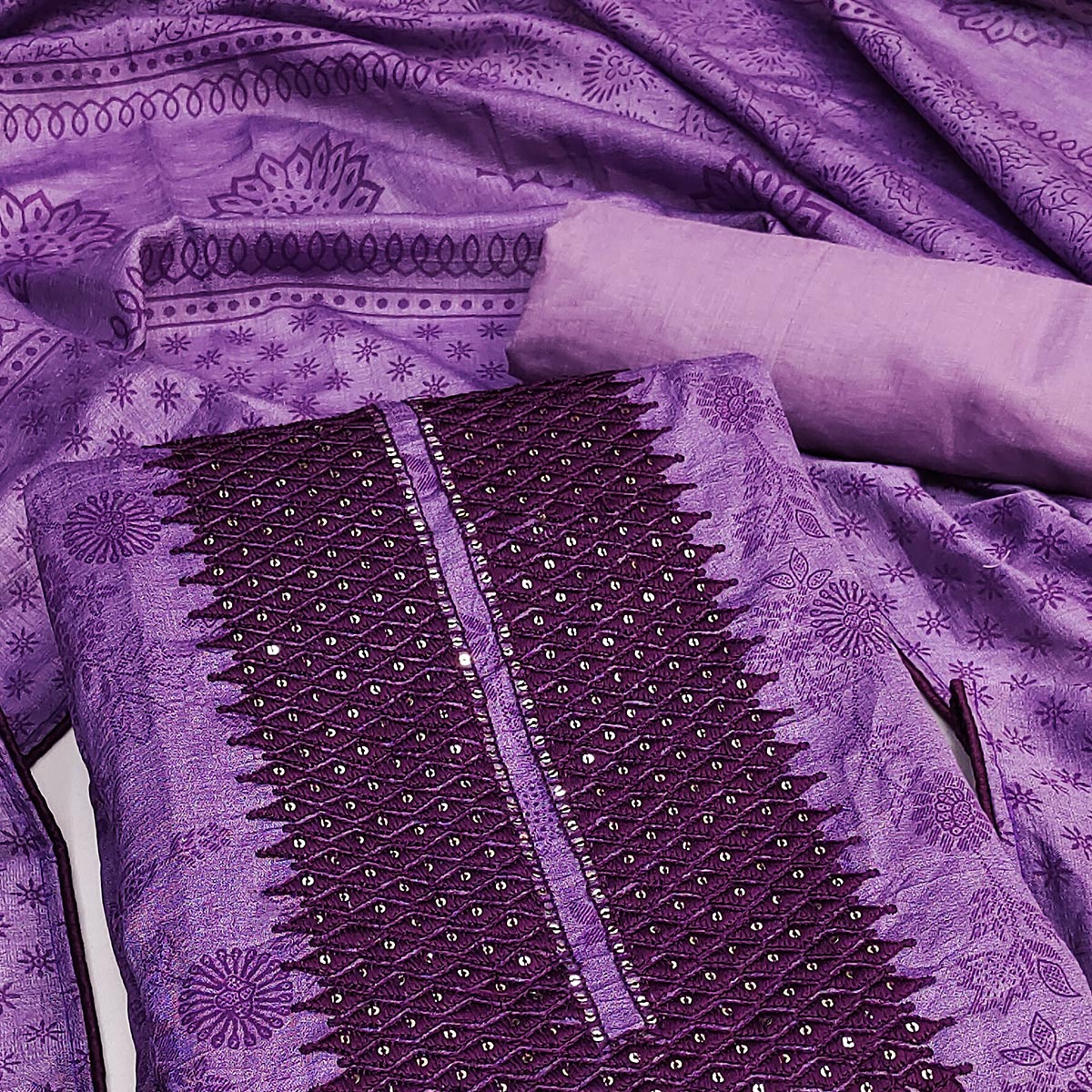Purple Sequins Embroidered Vichitra Silk Dress Material