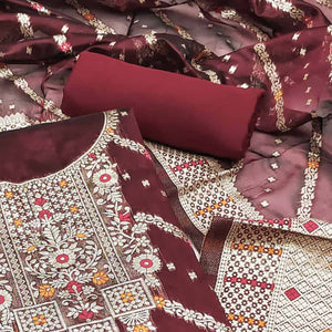 Maroon Floral Woven Banarasi Silk Dress Material