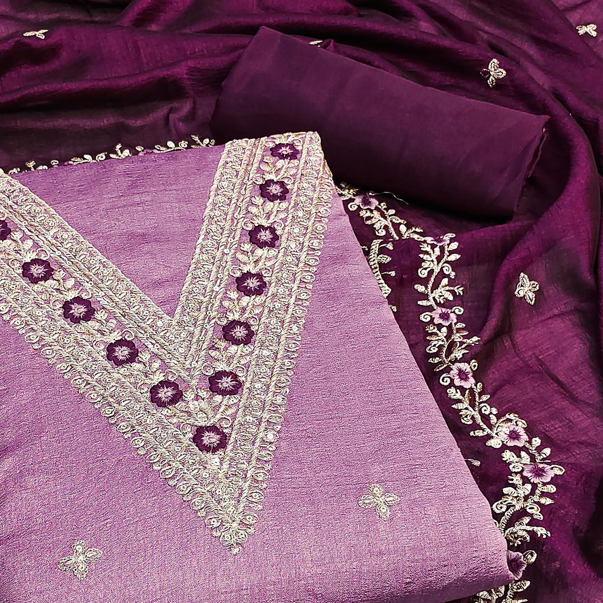 Pink Floral Embroidered Vichitra Silk Dress Material
