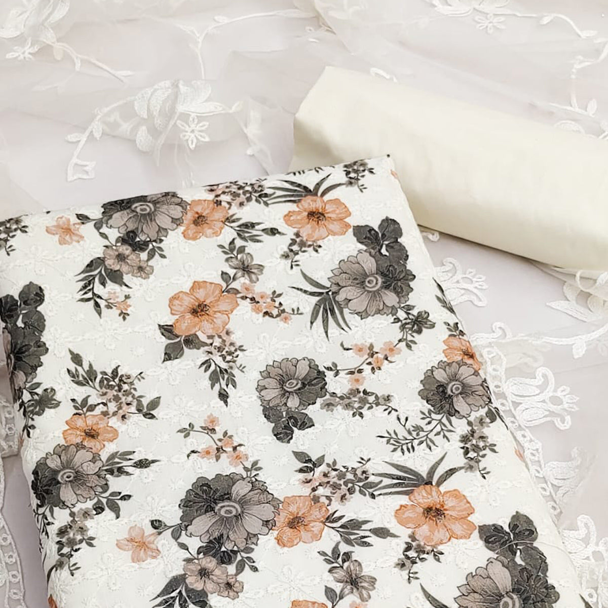 White Lucknowi With Embroidered Cotton Blend Dress Material