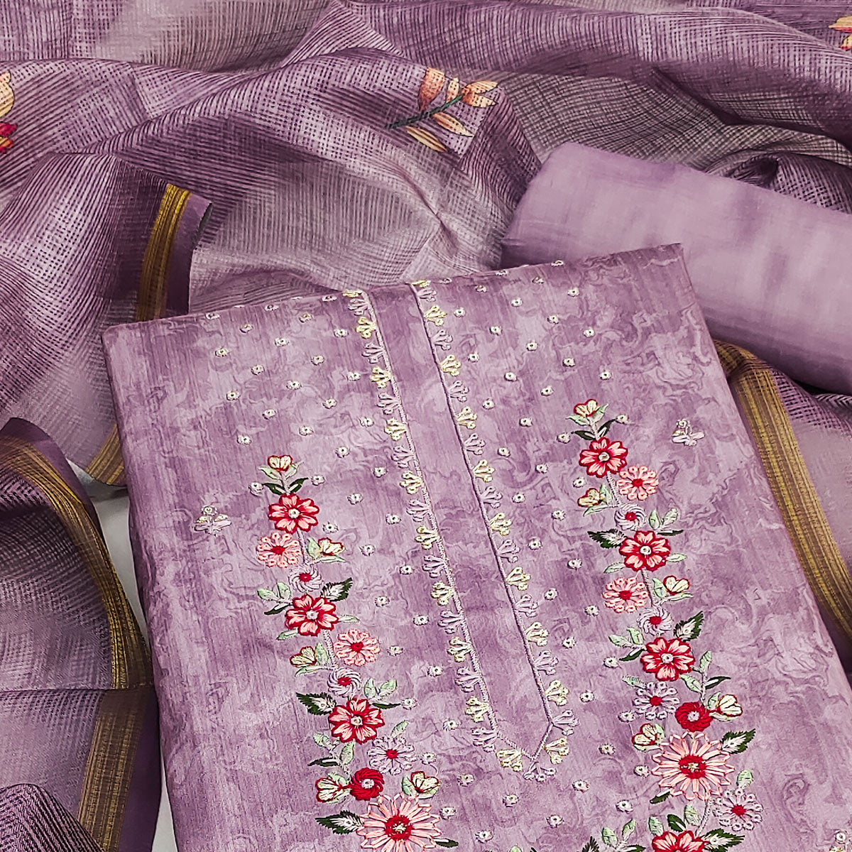Purple Embroidered Art Silk Dress Material