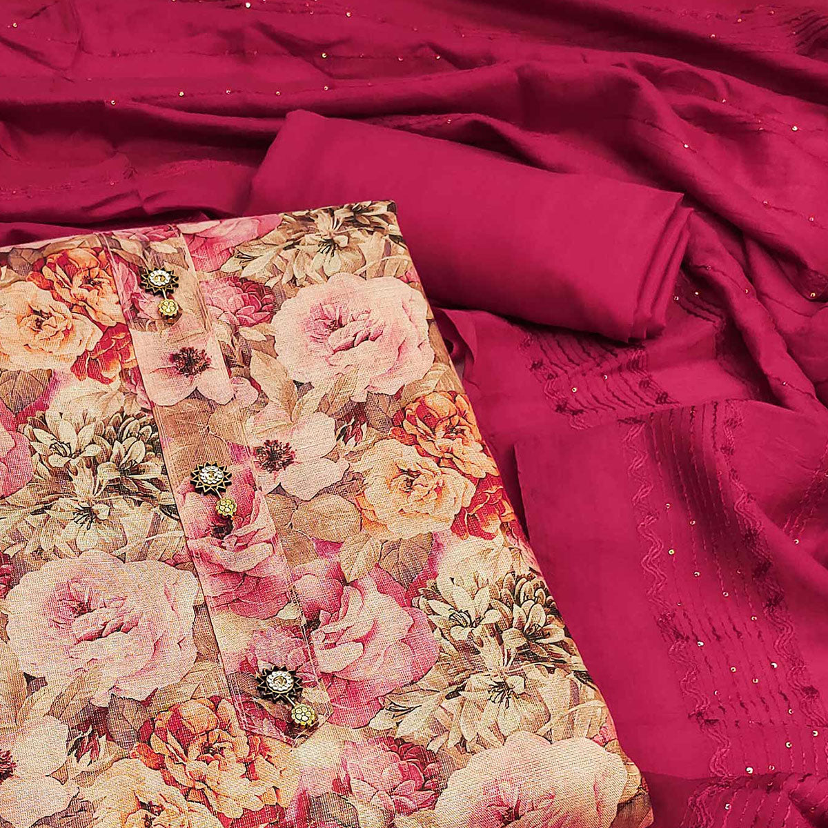 Peach Floral Printed Cotton Silk Dress Material