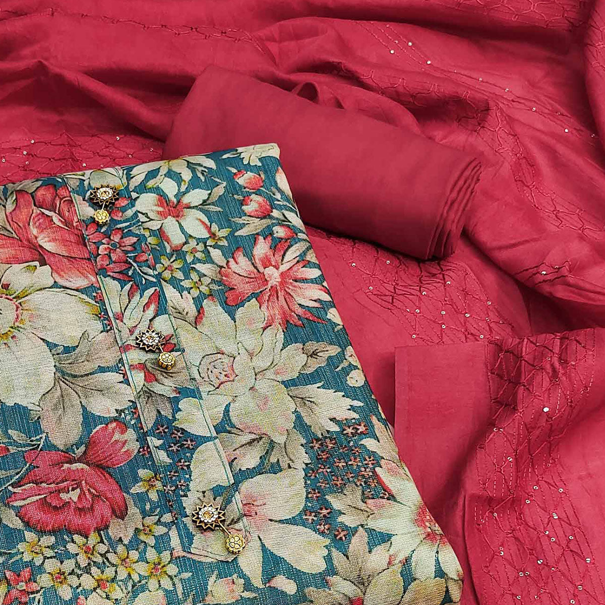 Rama Blue Floral Printed Cotton Silk Dress Material