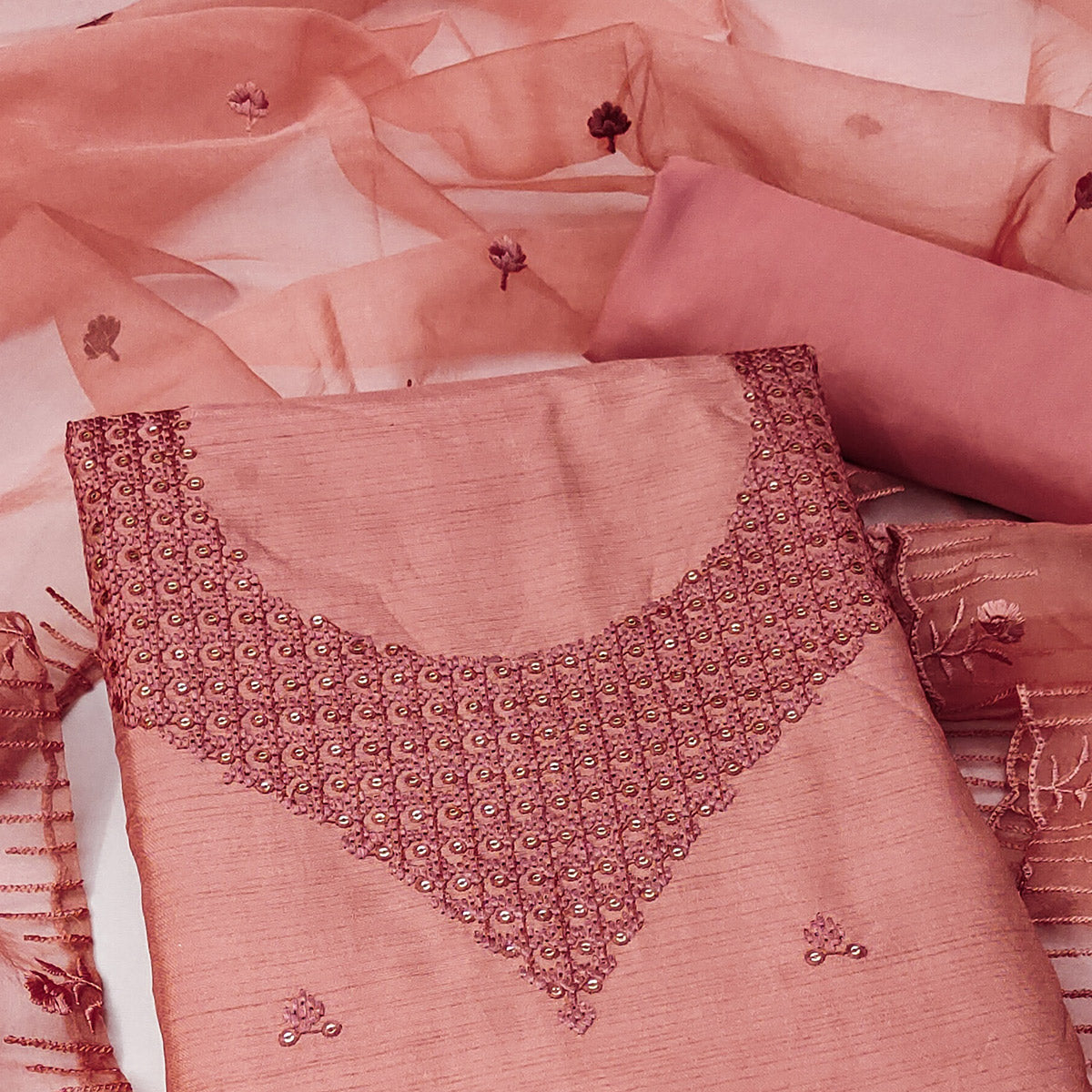 Peach Sequins Embroidered Art Silk Dress Material