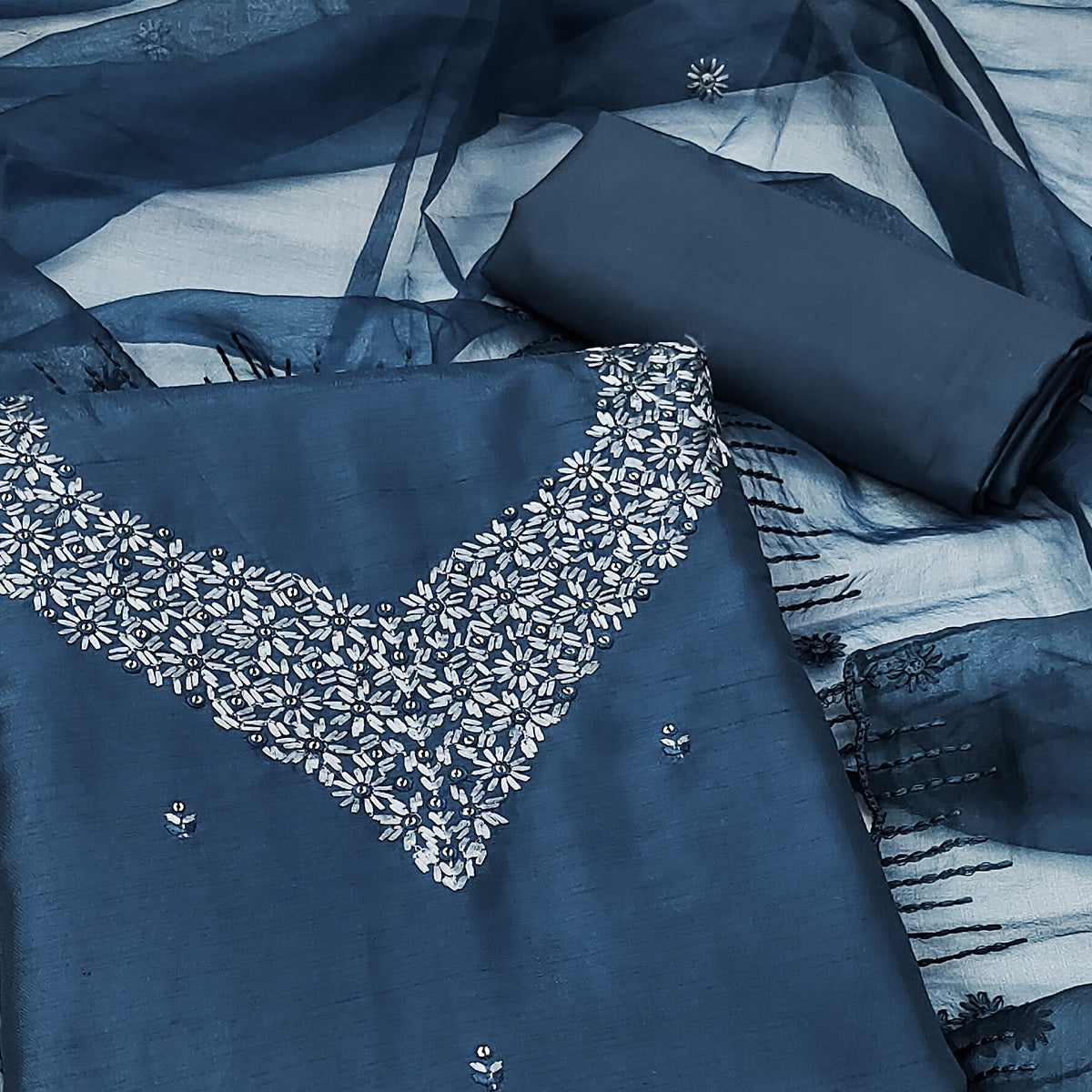 Teal Sequins Embroidered Art Silk Dress Material