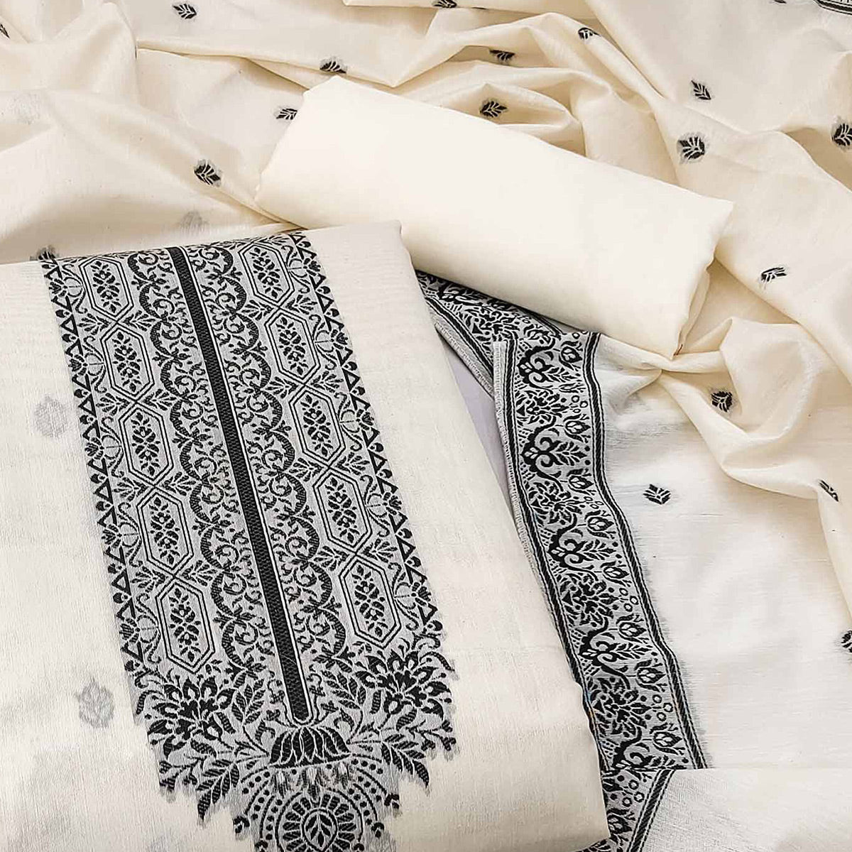 Off White & Black Woven Pure Cotton Dress Material