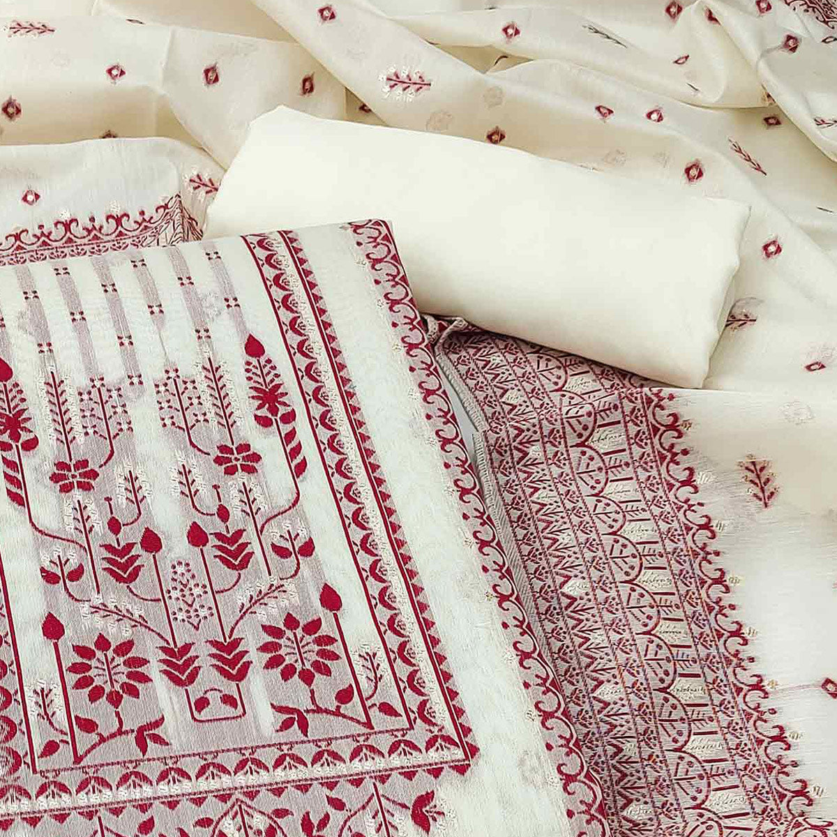 Off White & Maroon Woven Pure Cotton Dress Material