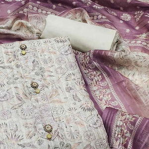 Cream Floral Printed Linen Dress Material