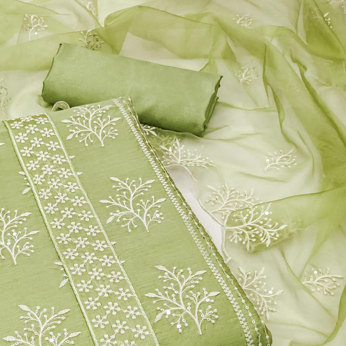Green Embroidered Chanderi Dress Material