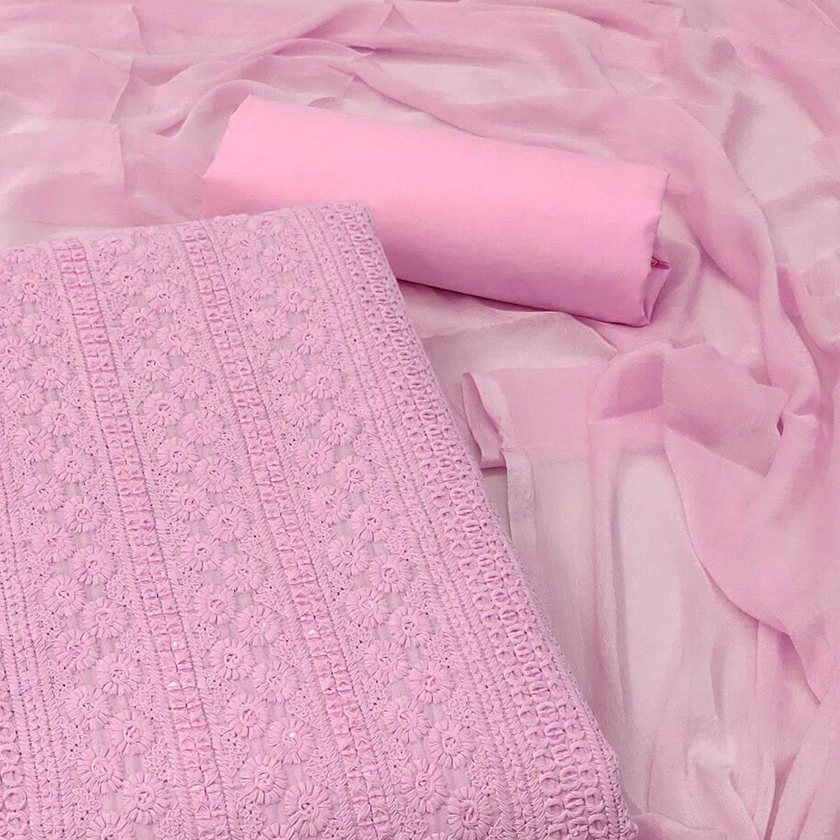 Pink Lucknowi Embroidered Pure Cotton Dress Material