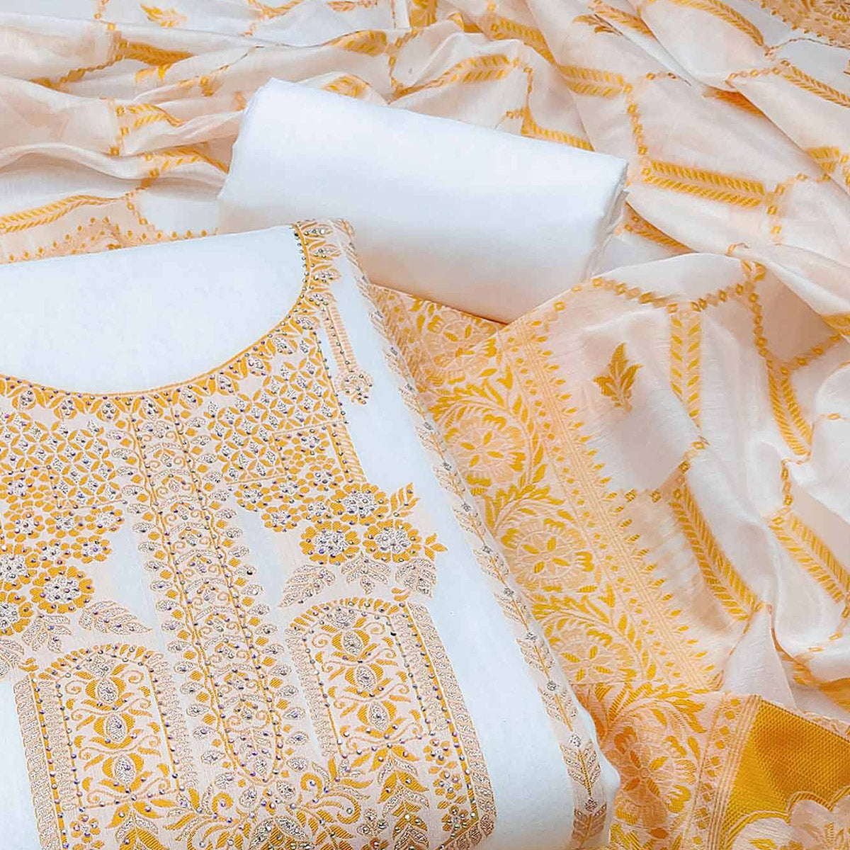 White & Mustard Woven Dola Silk Dress Material