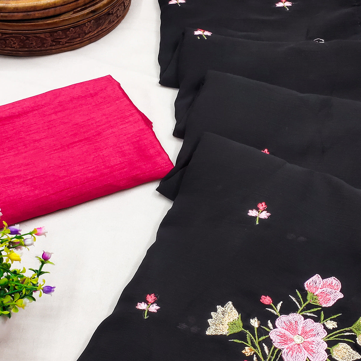 Black Floral Embroidered Art Silk Saree