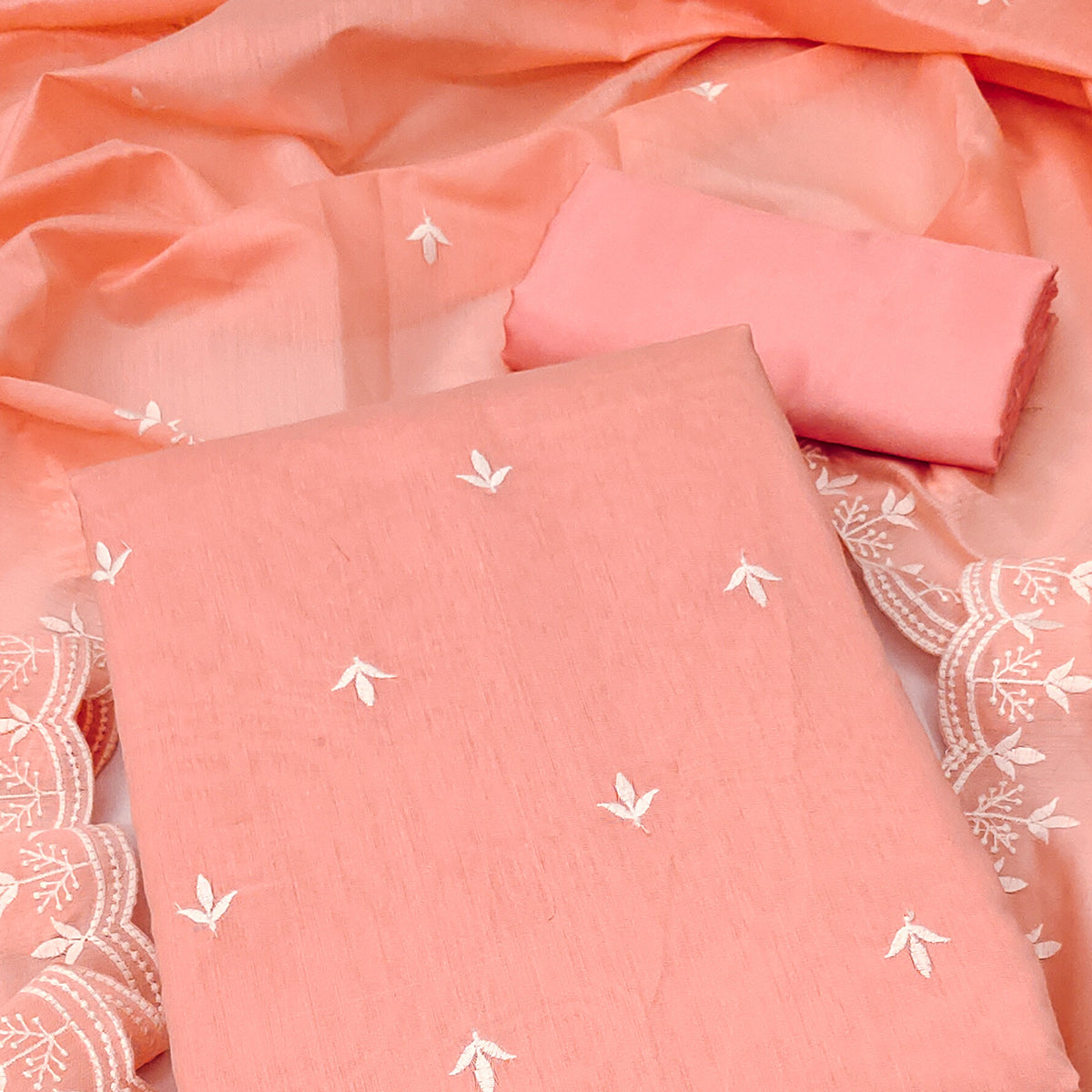 Peach Embroidered Chanderi Dress Material