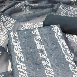 Grey Floral Printed Chanderi Dress Material