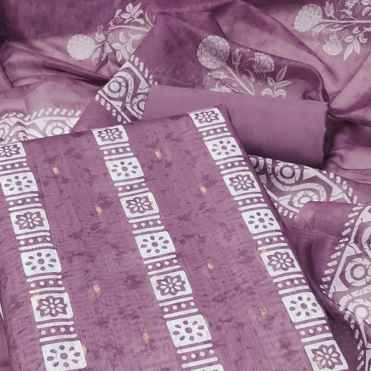 Purple Floral Printed Chanderi Dress Material