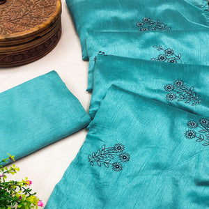 Aqua Blue Floral Embroidered Art Silk Saree With Tassels