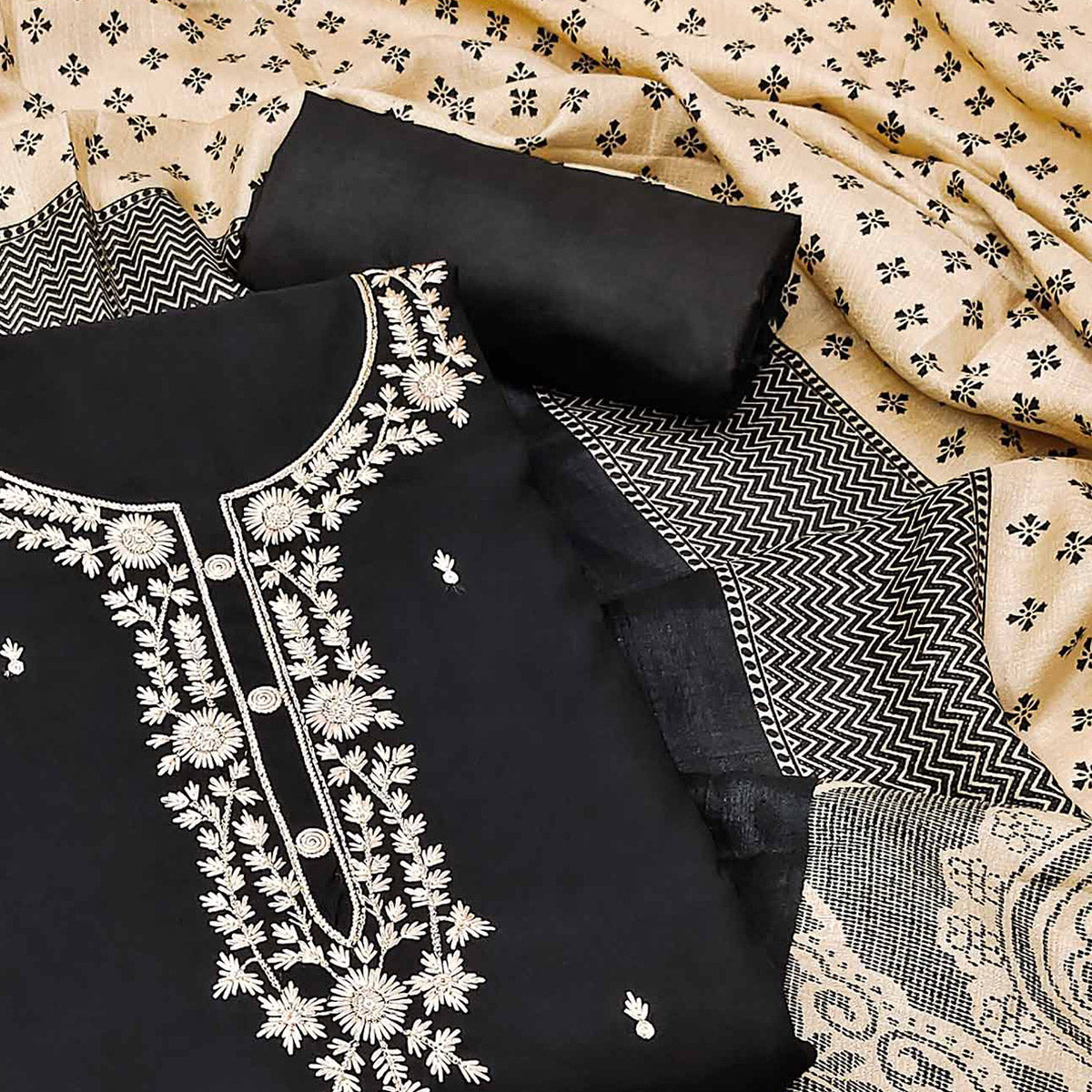 Black Embroidered Viscose Dress Material