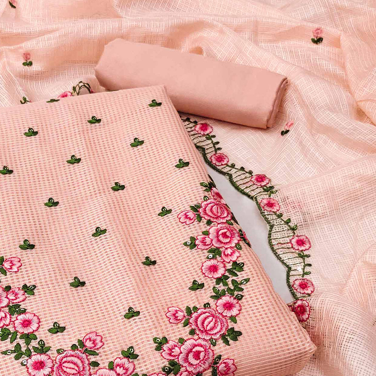 Peach Floral Embroidered Kota Doria Dress Material